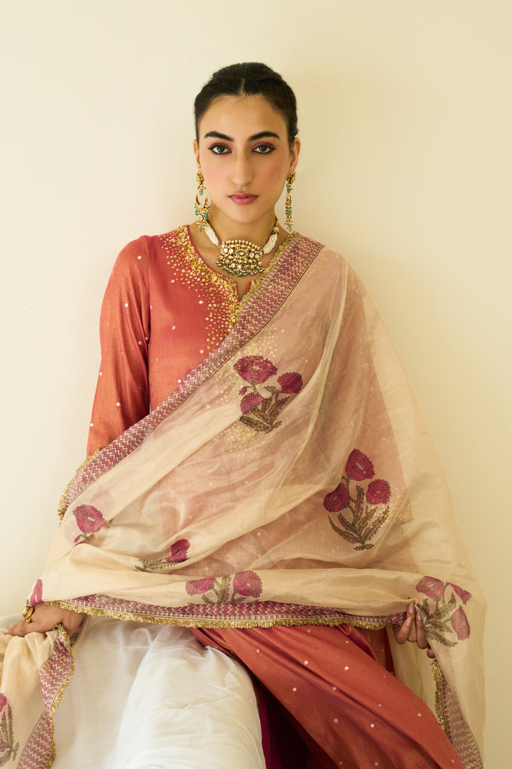Saanjh sequins pink kurta with palazzo and dupatta ( set of 3)