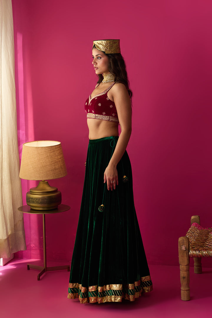 Nur silk velvet embroidered green lehenga with pink blouse and dupatta (set of 3)