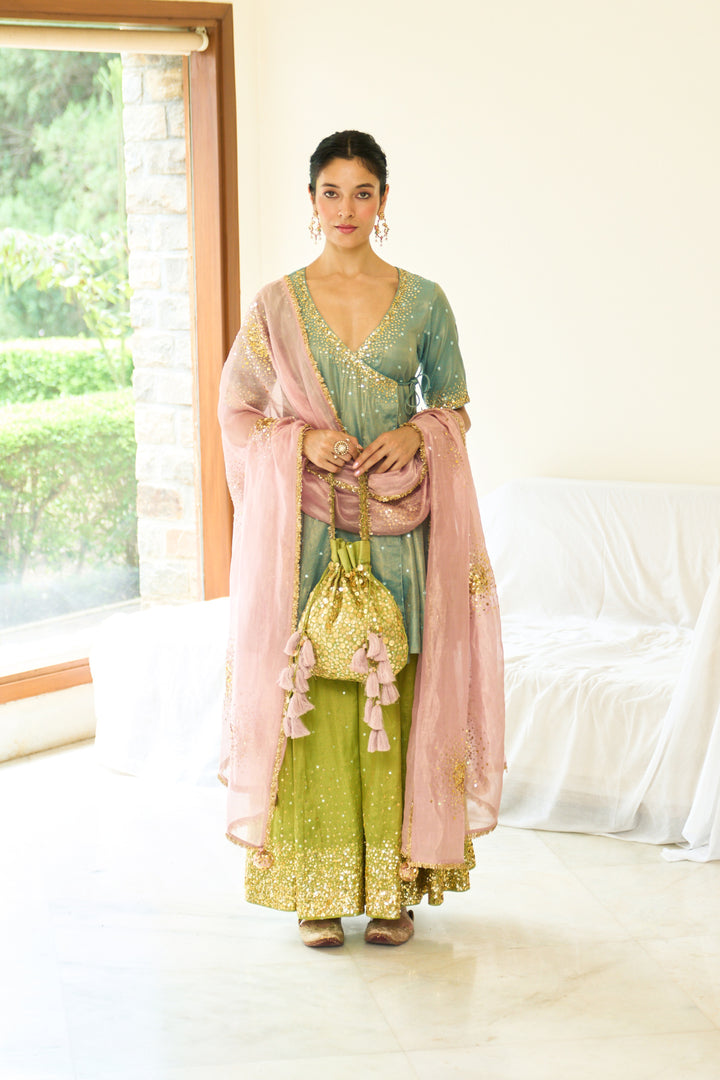 Saanjh sequins neon short angrakha with sharara and dupatta ( set of 3)