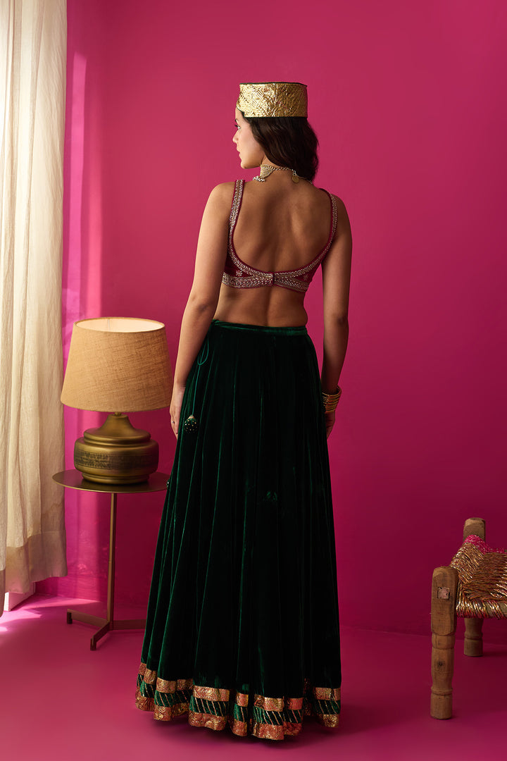 Nur silk velvet embroidered green lehenga with pink blouse and dupatta (set of 3)