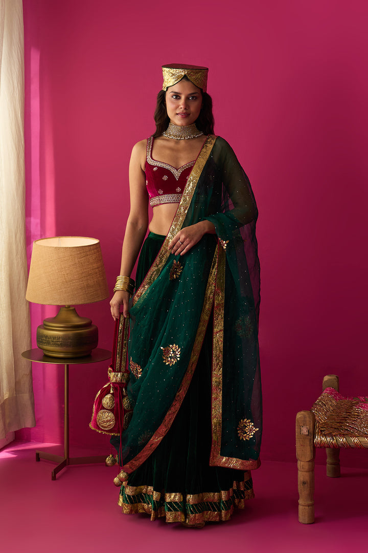 Nur silk velvet embroidered green lehenga with pink blouse and dupatta (set of 3)