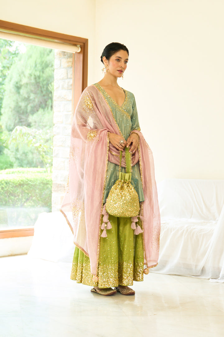 Saanjh sequins neon short angrakha with sharara and dupatta ( set of 3)