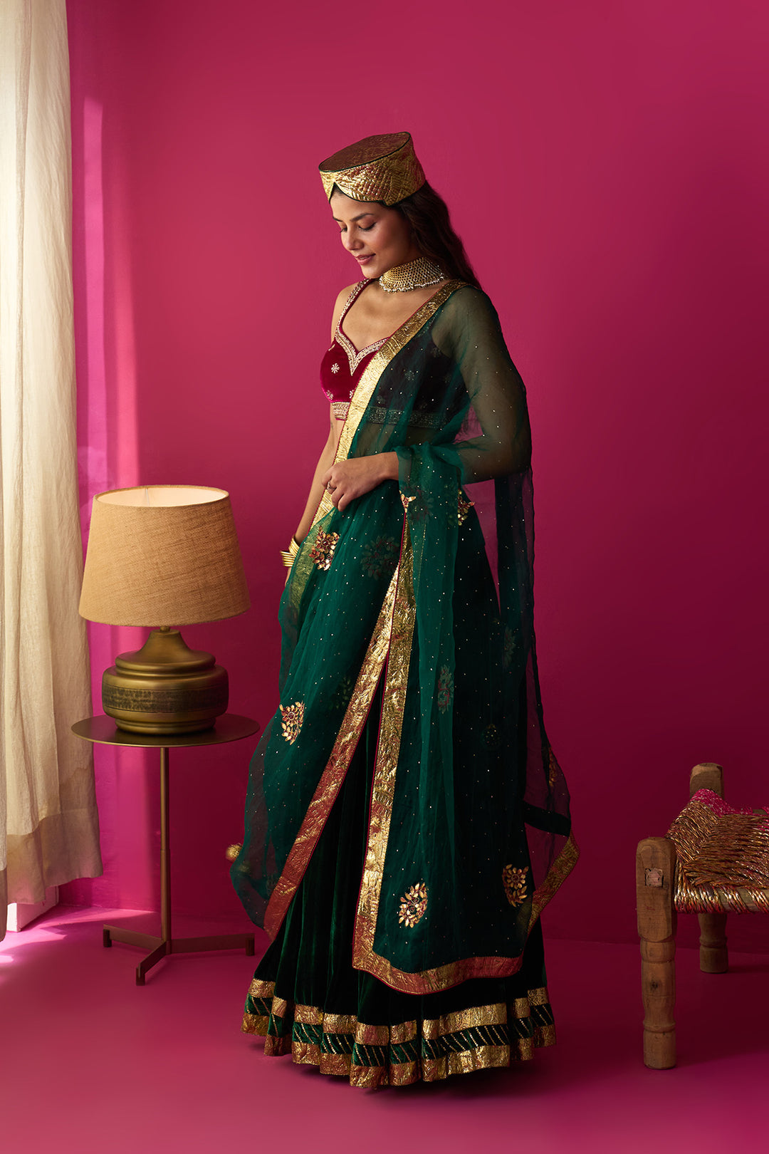 Nur silk velvet embroidered green lehenga with pink blouse and dupatta (set of 3)