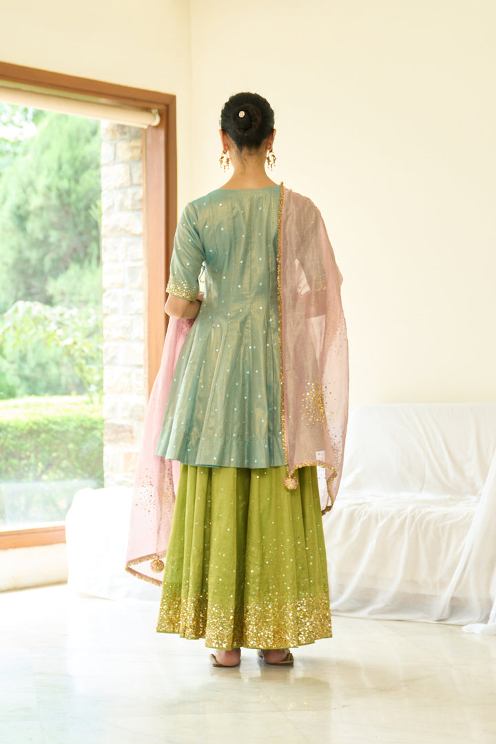 Saanjh sequins neon short angrakha with sharara and dupatta ( set of 3)