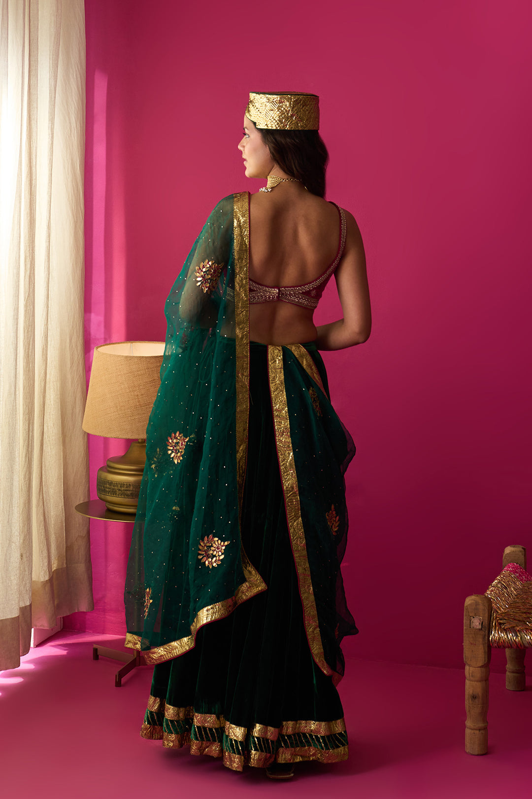 Nur silk velvet embroidered green lehenga with pink blouse and dupatta (set of 3)