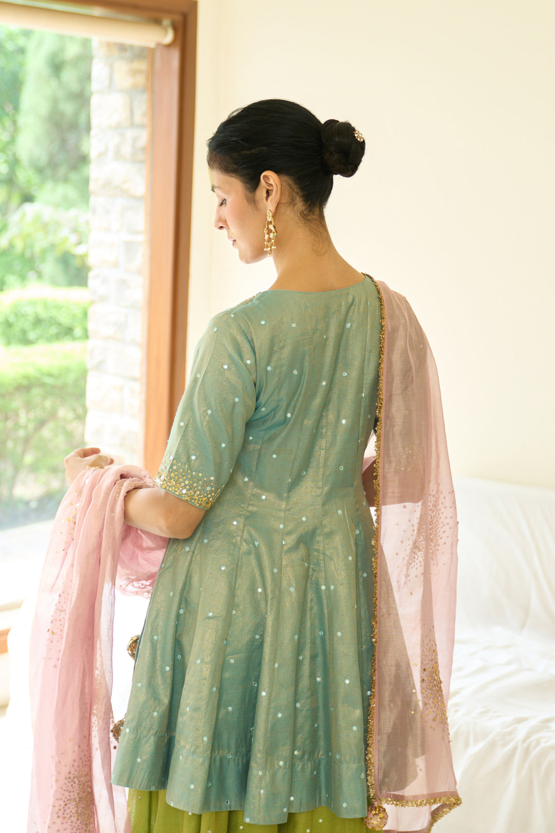 Saanjh sequins neon short angrakha with sharara and dupatta ( set of 3)