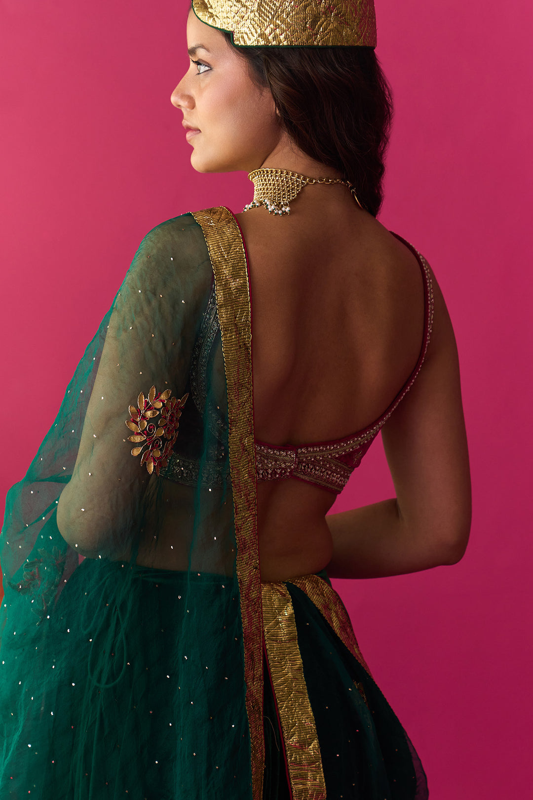 Nur silk velvet embroidered green lehenga with pink blouse and dupatta (set of 3)