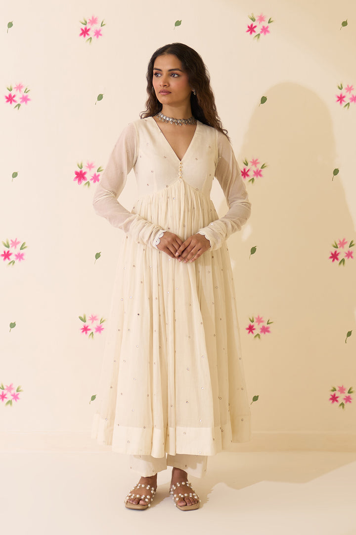 Mehraz Handpaint off white v - neck anarkali with palazzo and dupatta ( set of 3 )