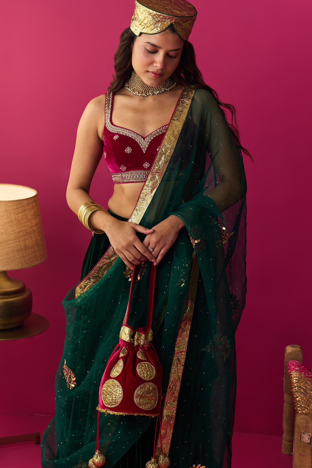 Nur silk velvet embroidered green lehenga with pink blouse and dupatta (set of 3)