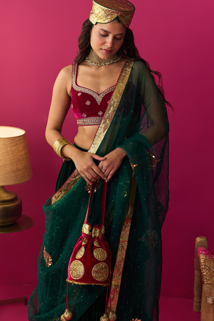 Nur silk velvet embroidered green lehenga with pink blouse and dupatta (set of 3)