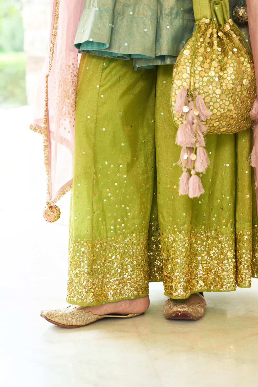 Saanjh sequins neon short angrakha with sharara and dupatta ( set of 3)