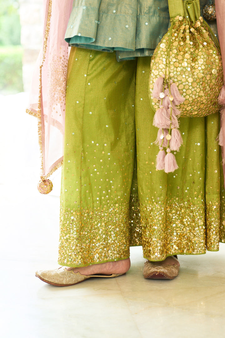 Saanjh sequins neon short angrakha with sharara and dupatta ( set of 3)