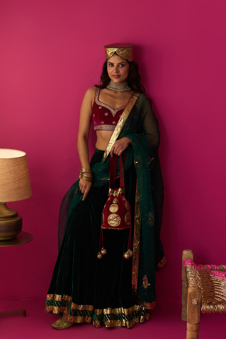 Nur silk velvet embroidered green lehenga with pink blouse and dupatta (set of 3)