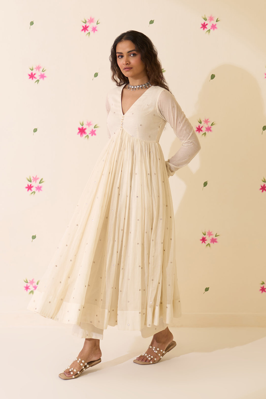 Mehraz Handpaint off white v - neck anarkali with palazzo and dupatta ( set of 3 )