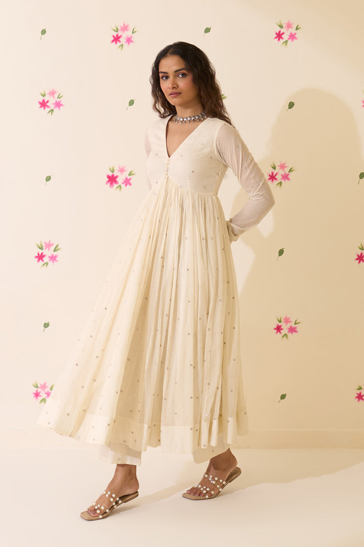 Mehraz Handpaint off white v - neck anarkali with palazzo and dupatta ( set of 3 )