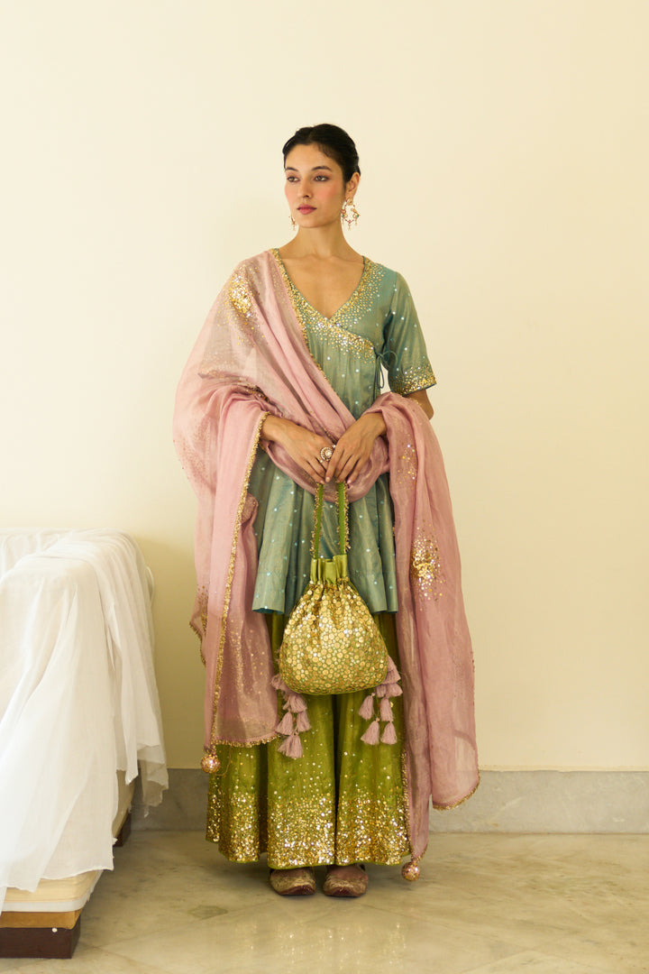 Saanjh sequins neon short angrakha with sharara and dupatta ( set of 3)