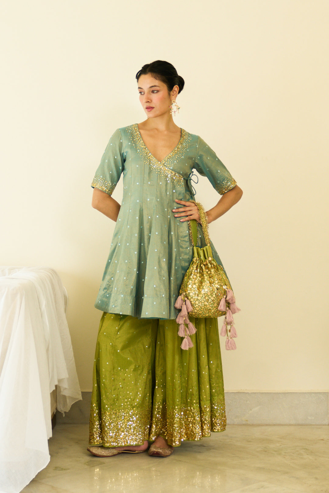 Saanjh sequins neon short angrakha with sharara and dupatta ( set of 3)