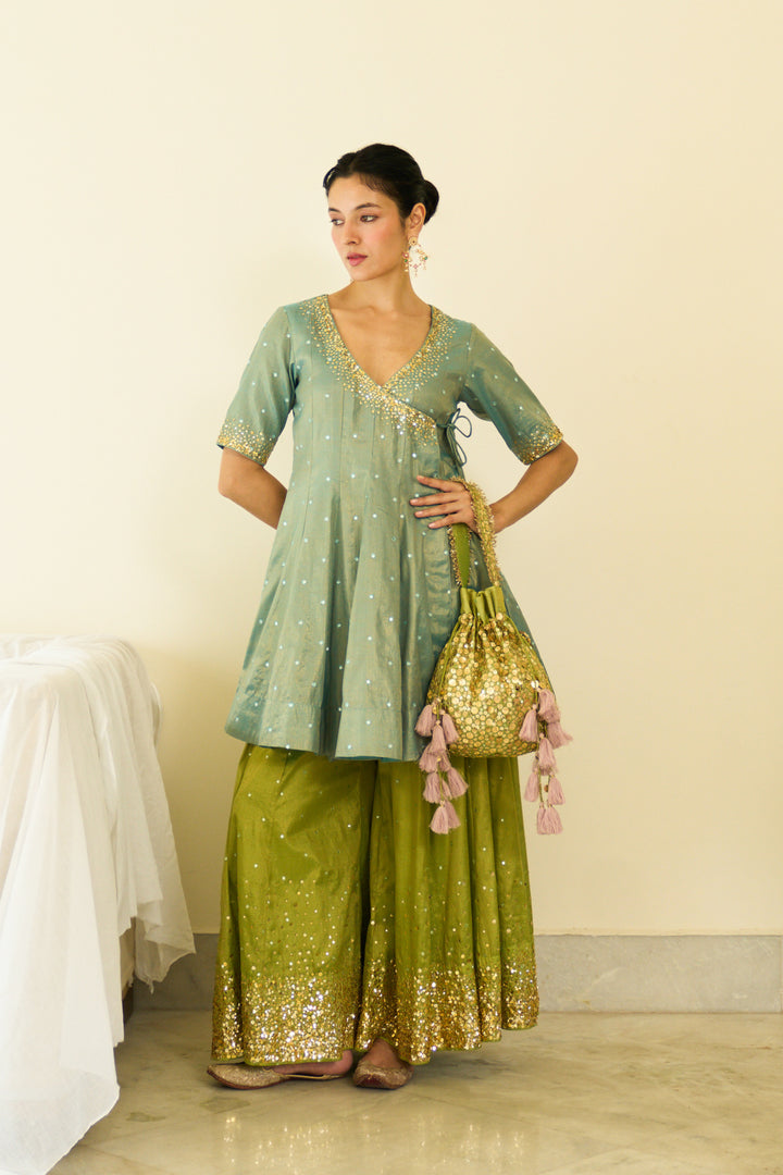 Saanjh sequins neon short angrakha with sharara and dupatta ( set of 3)
