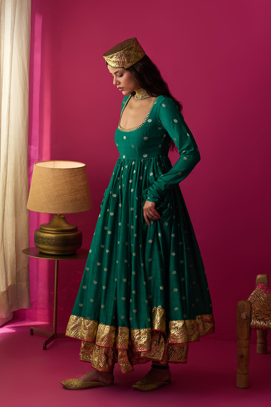 Nur green anarkali with chooridar and rani pink dupatta (set of 3)