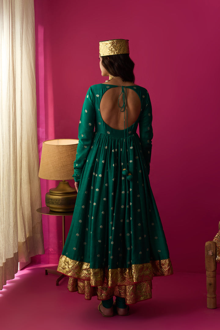 Nur green anarkali with chooridar and rani pink dupatta (set of 3)