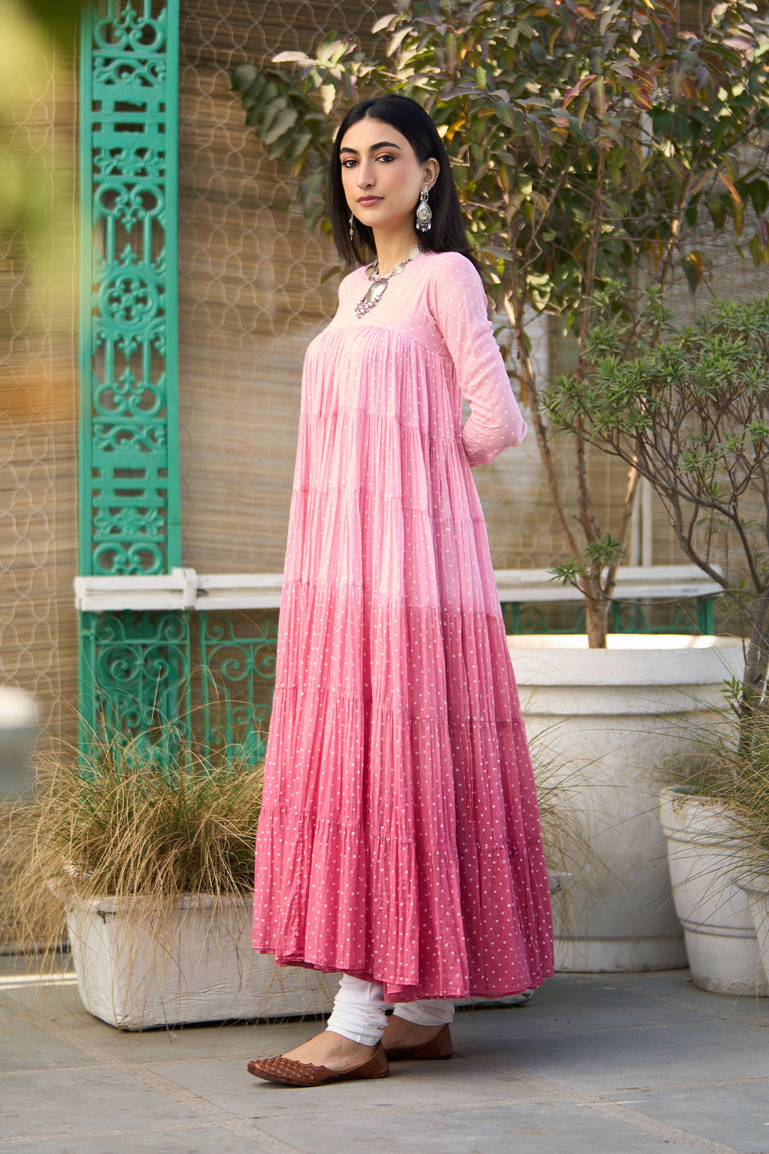 Ombre pink block printed tiered anarkali with chooridar and dupatta ( set of 3 )