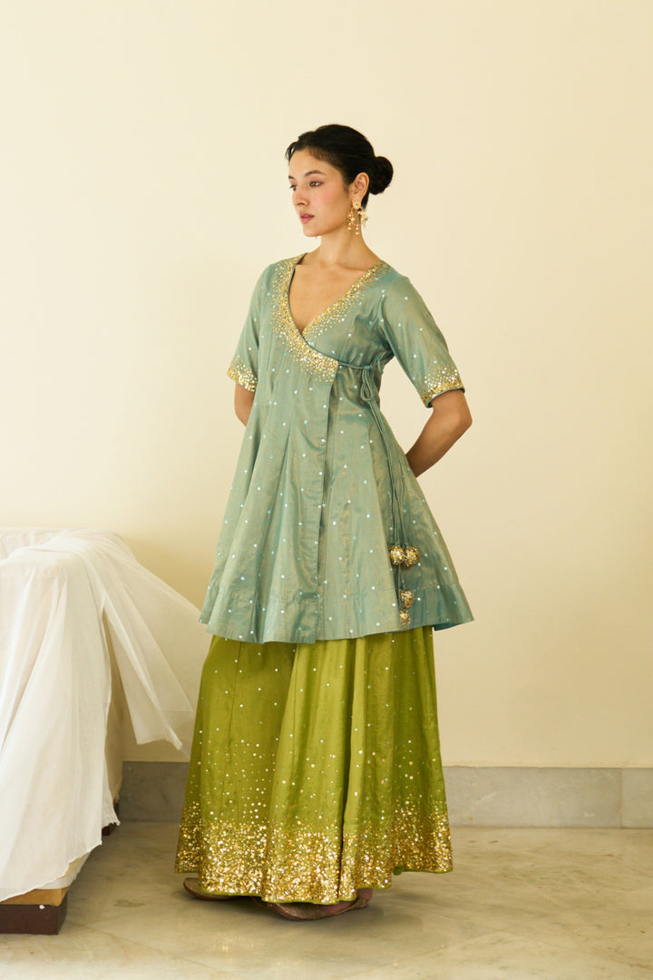 Saanjh sequins neon short angrakha with sharara and dupatta ( set of 3)