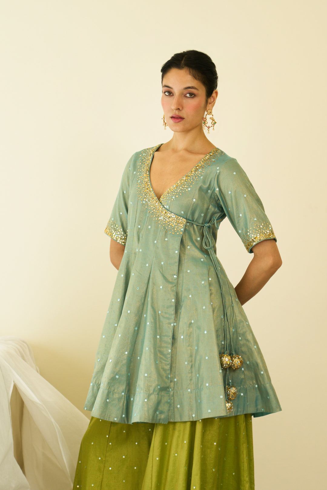 Saanjh sequins neon short angrakha with sharara and dupatta ( set of 3)