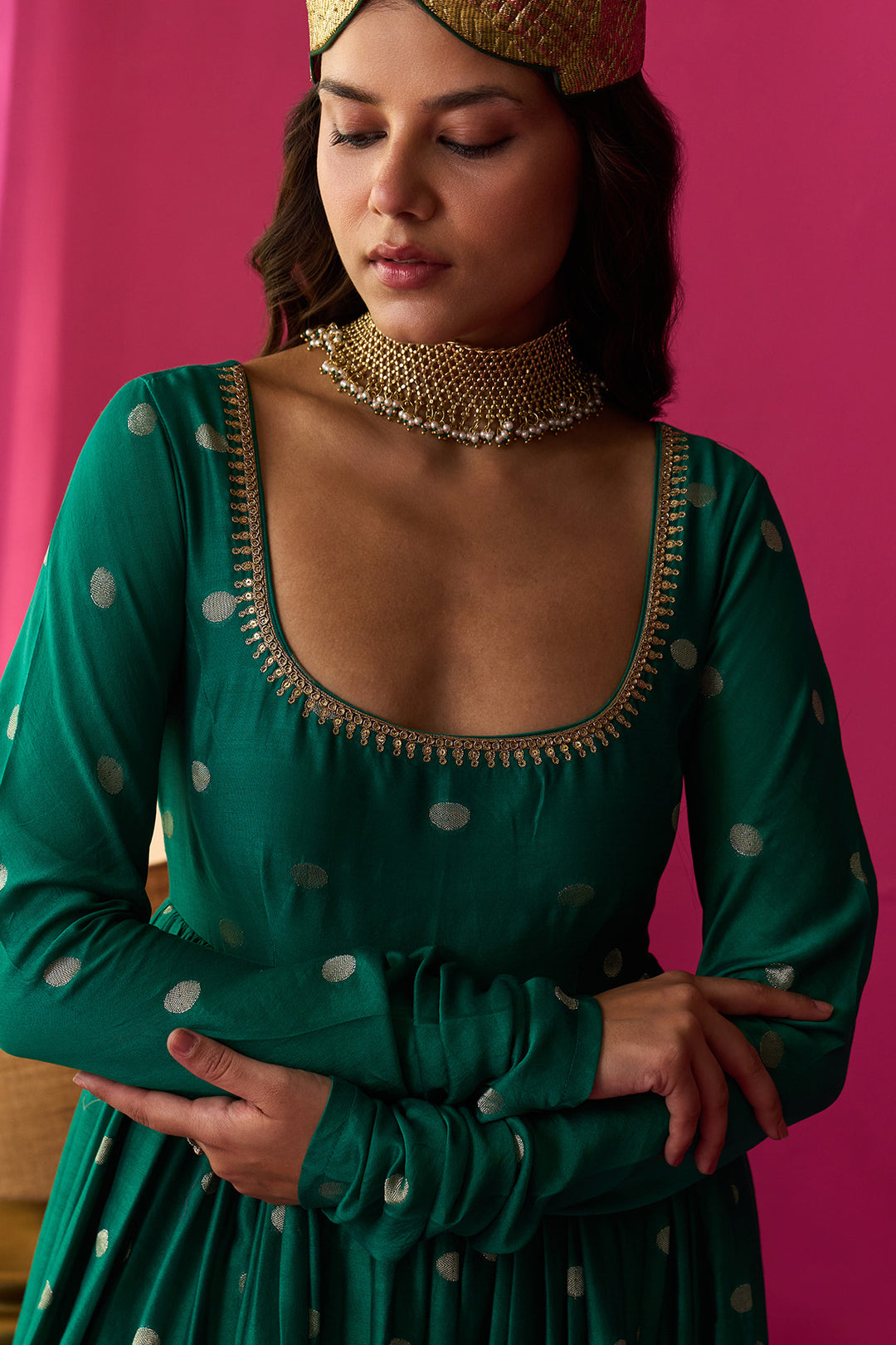 Nur green anarkali with chooridar and rani pink dupatta (set of 3)