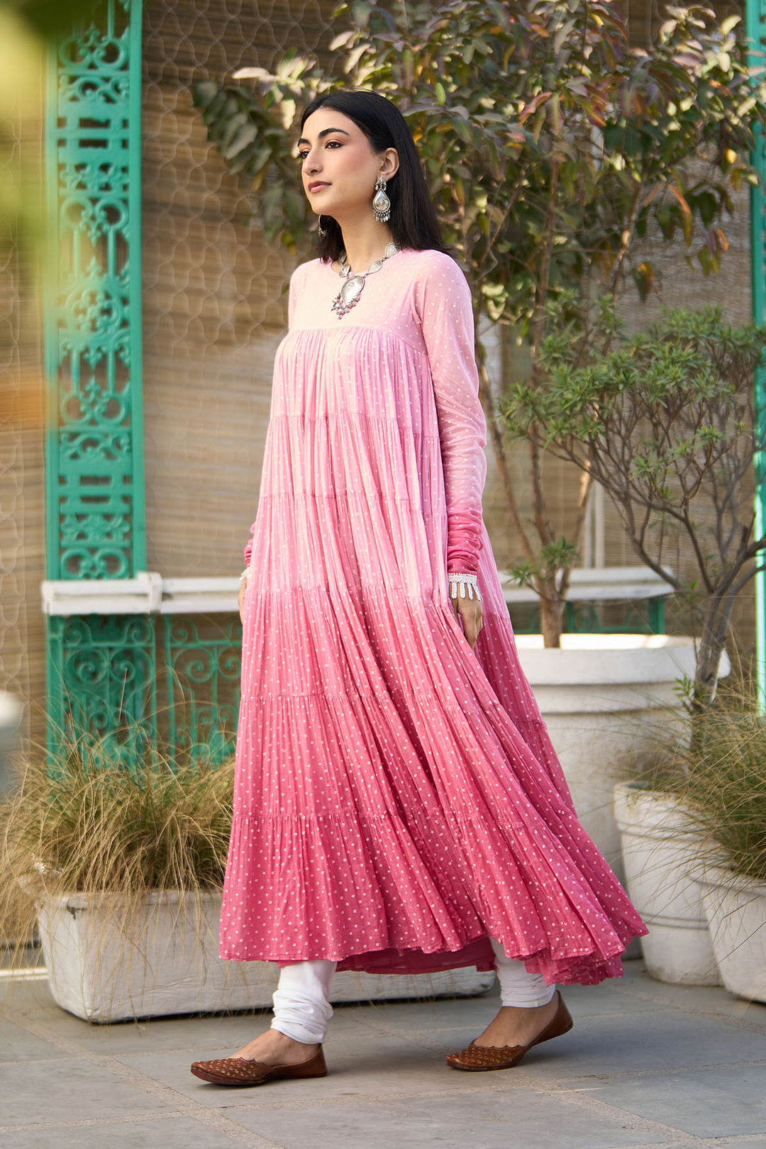 Ombre pink block printed tiered anarkali with chooridar and dupatta ( set of 3 )