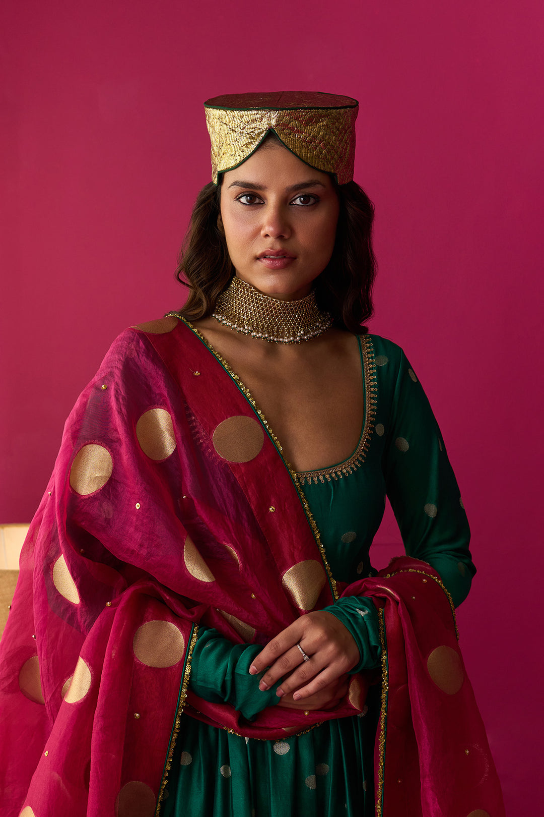 Nur green anarkali with chooridar and rani pink dupatta (set of 3)