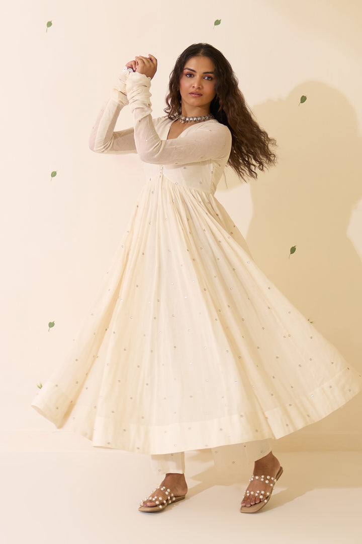 Mehraz Handpaint off white v - neck anarkali with palazzo and dupatta ( set of 3 )