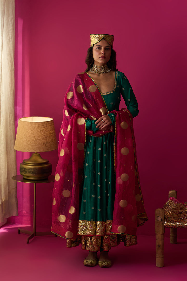 Nur green anarkali with chooridar and rani pink dupatta (set of 3)