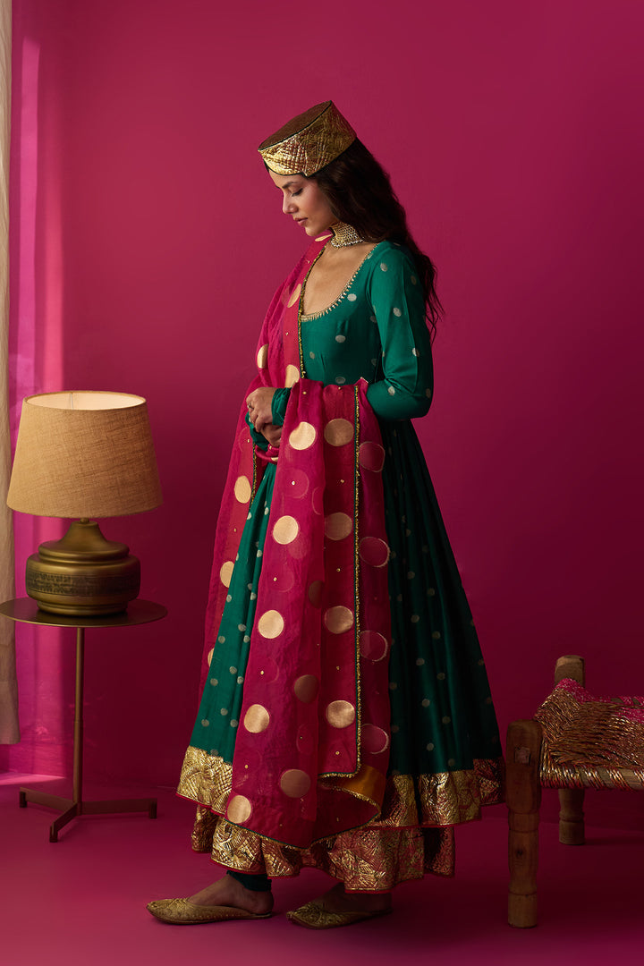 Nur green anarkali with chooridar and rani pink dupatta (set of 3)