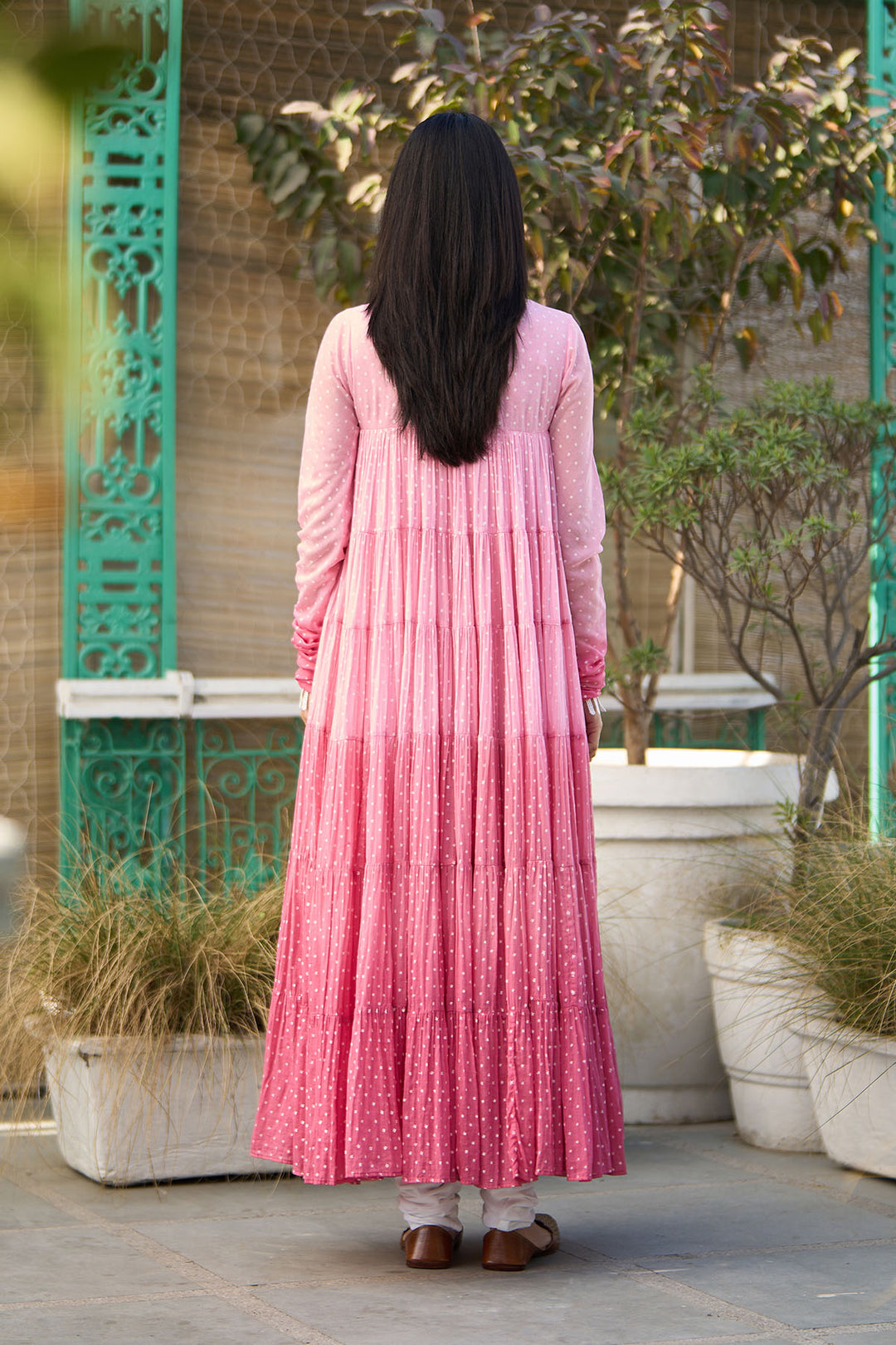 Ombre pink block printed tiered anarkali with chooridar and dupatta ( set of 3 )