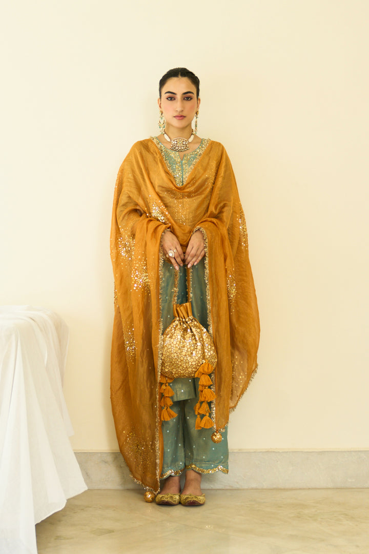 Saanjh sequins turquoise straight kurta with palazzo and orange dupatta ( set of 3)