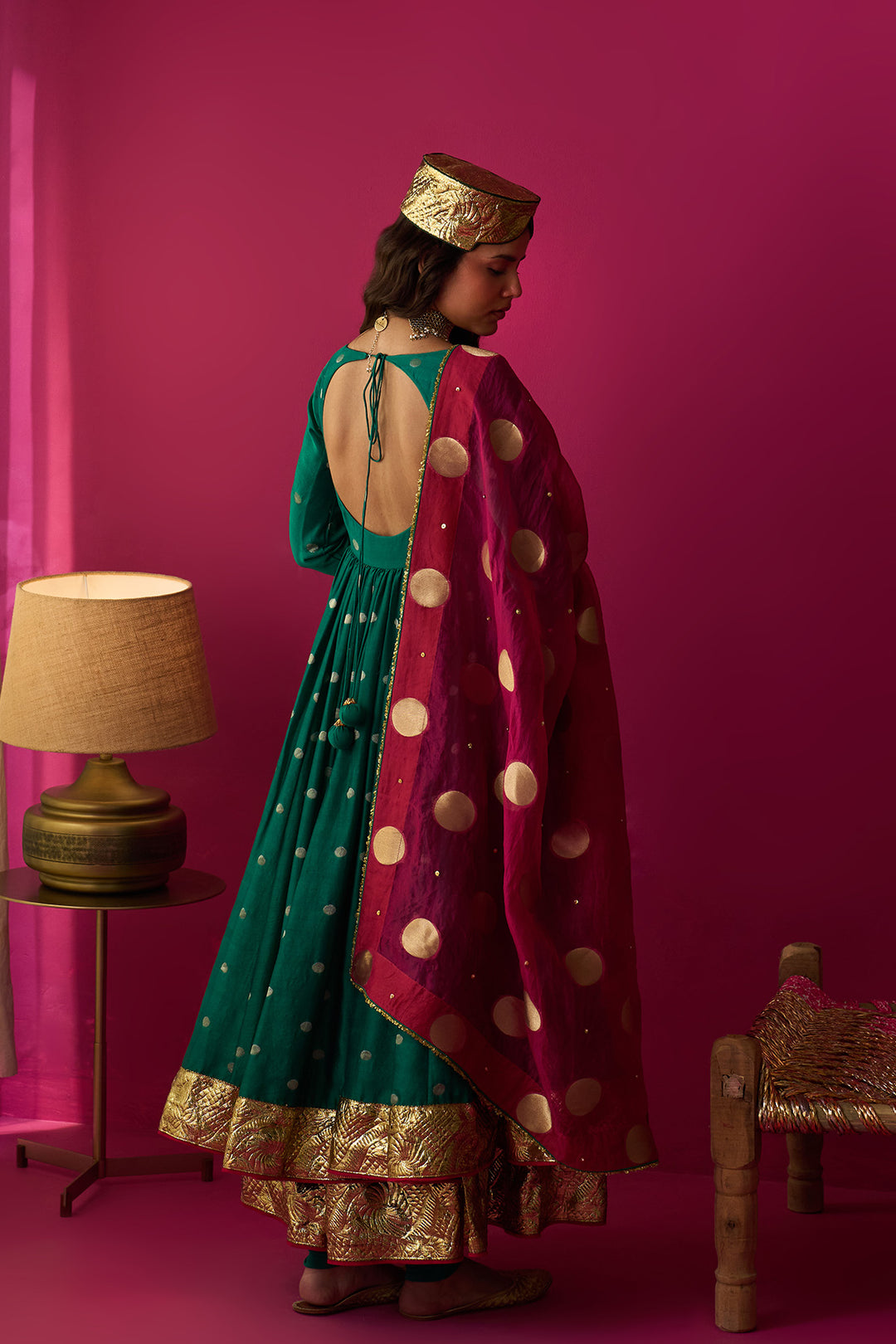 Nur green anarkali with chooridar and rani pink dupatta (set of 3)