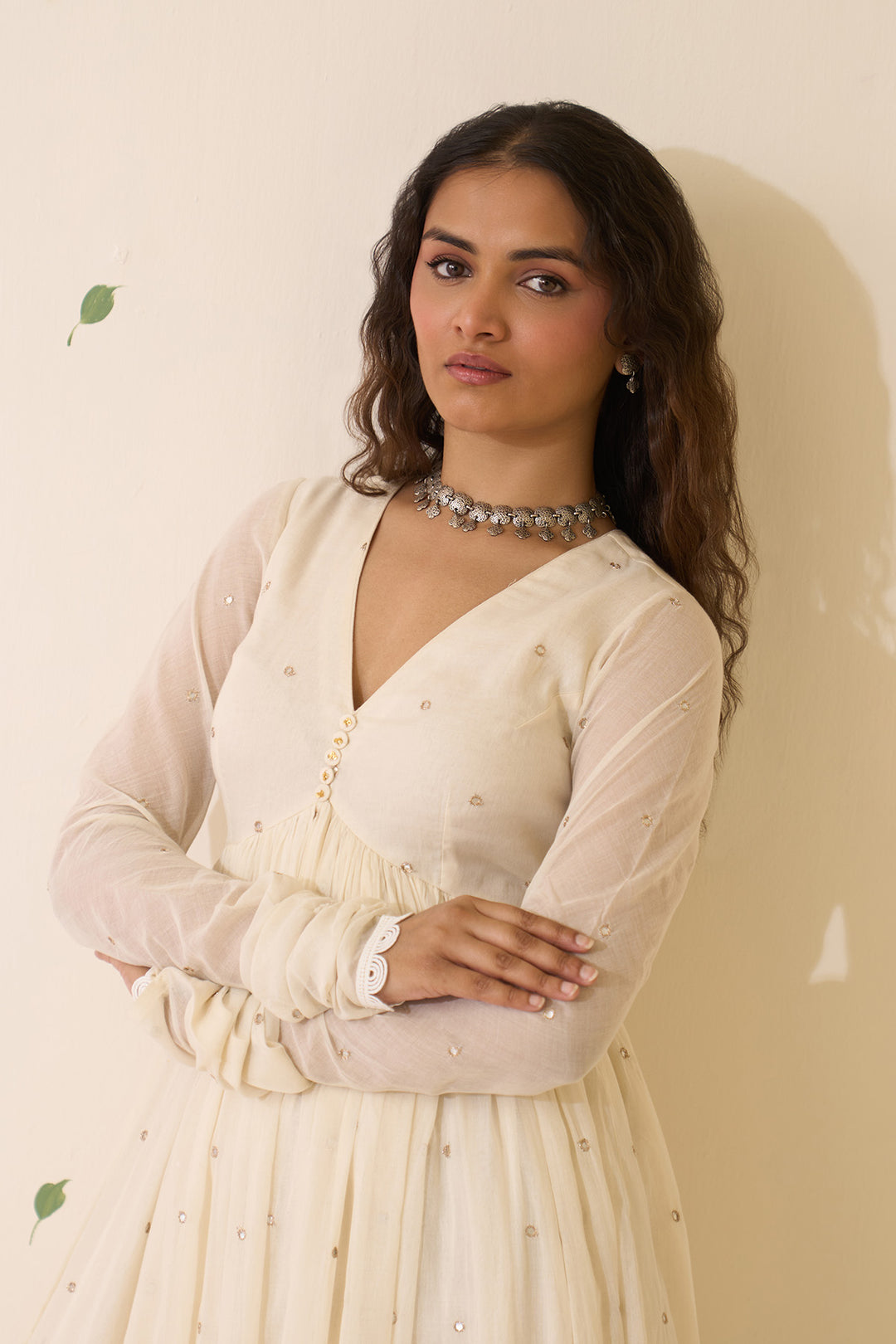 Mehraz Handpaint off white v - neck anarkali with palazzo and dupatta ( set of 3 )