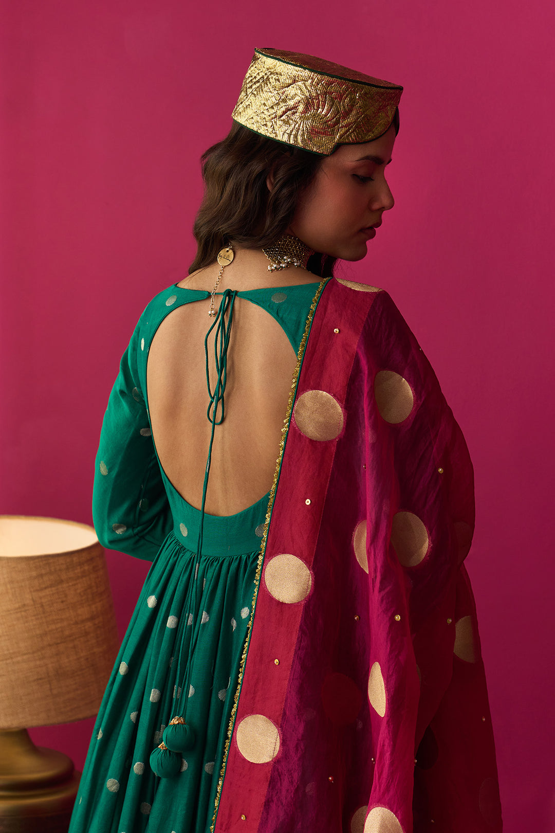 Nur green anarkali with chooridar and rani pink dupatta (set of 3)