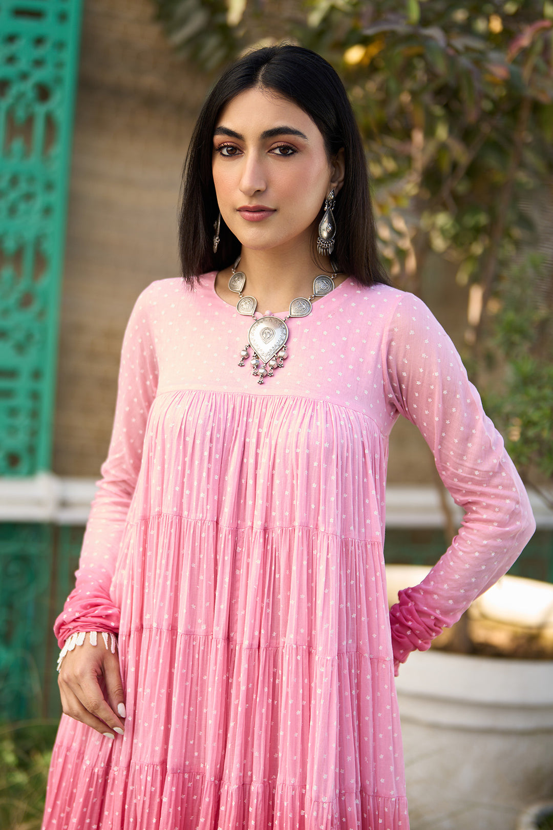 Ombre pink block printed tiered anarkali with chooridar and dupatta ( set of 3 )