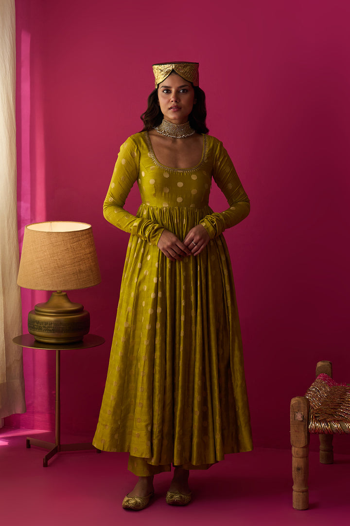 Nur lime green anarkali with palazzo and blue dupatta (set of 3)