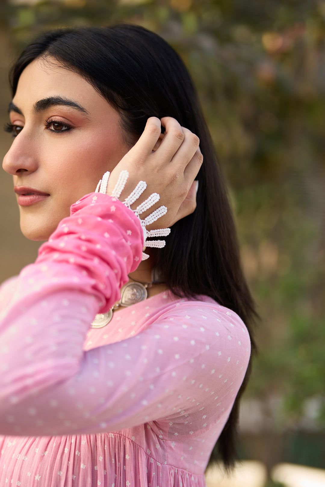 Ombre pink block printed tiered anarkali with chooridar and dupatta ( set of 3 )