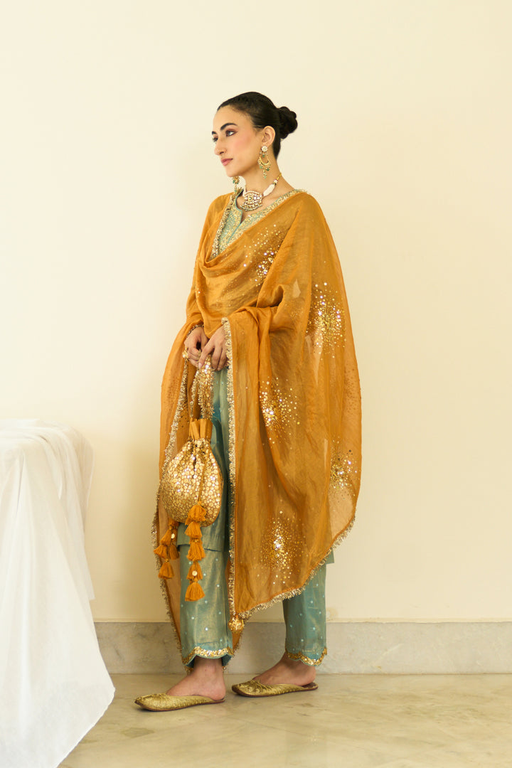 Saanjh sequins turquoise straight kurta with palazzo and orange dupatta ( set of 3)
