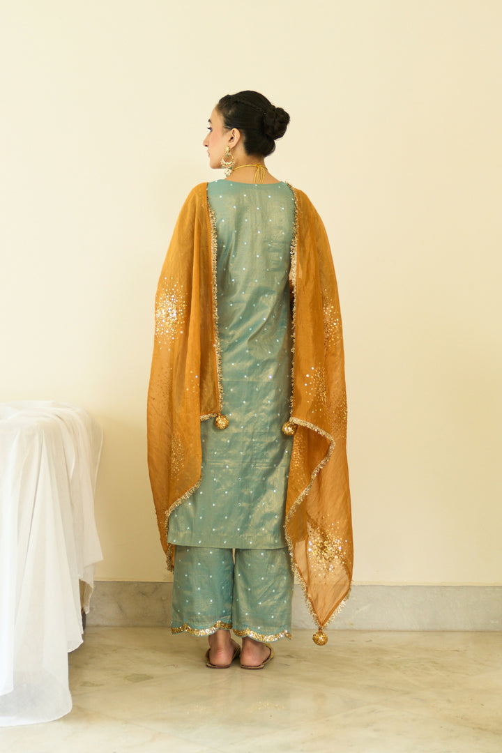 Saanjh sequins turquoise straight kurta with palazzo and orange dupatta ( set of 3)