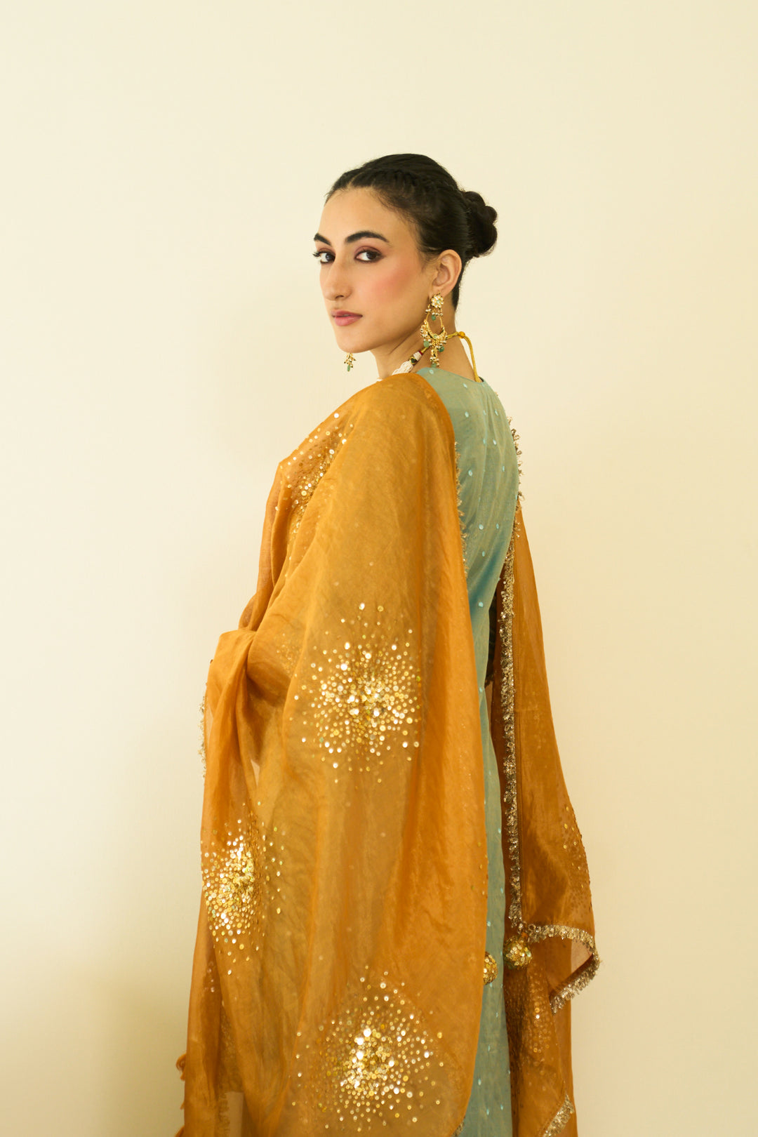 Saanjh sequins turquoise straight kurta with palazzo and orange dupatta ( set of 3)