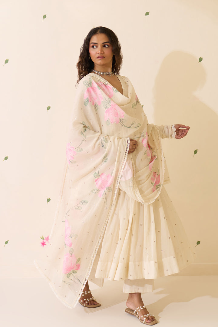 Mehraz Handpaint off white v - neck anarkali with palazzo and dupatta ( set of 3 )