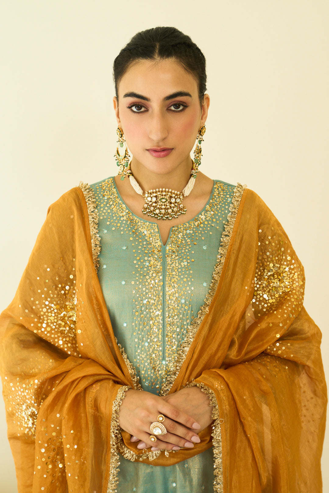 Saanjh sequins turquoise straight kurta with palazzo and orange dupatta ( set of 3)
