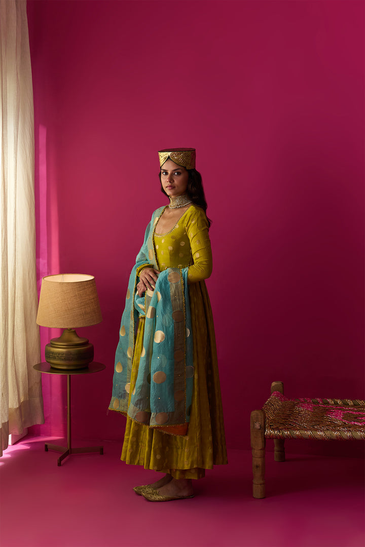 Nur lime green anarkali with palazzo and blue dupatta (set of 3)