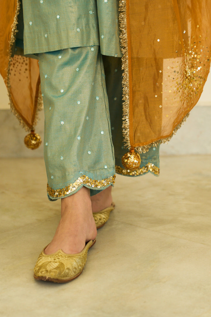 Saanjh sequins turquoise straight kurta with palazzo and orange dupatta ( set of 3)