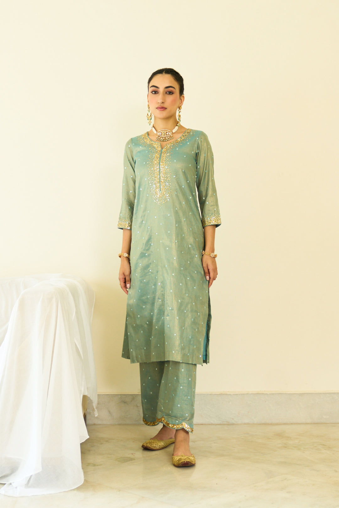 Saanjh sequins turquoise straight kurta with palazzo and orange dupatta ( set of 3)