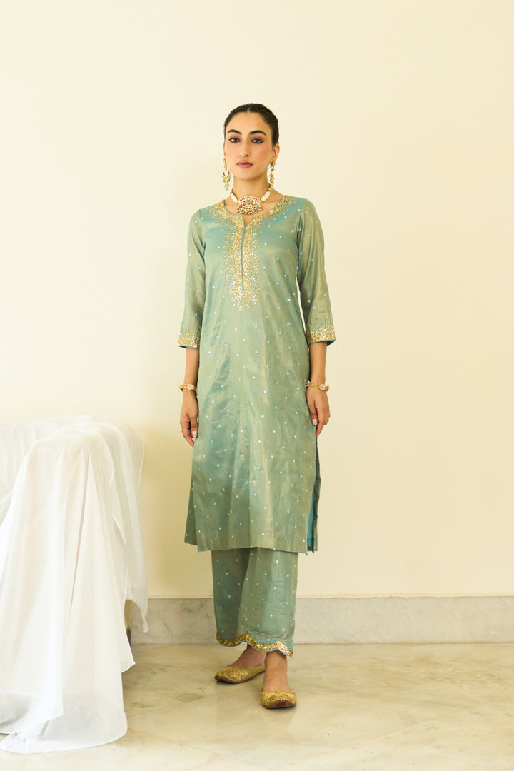 Saanjh sequins turquoise straight kurta with palazzo and orange dupatta ( set of 3)